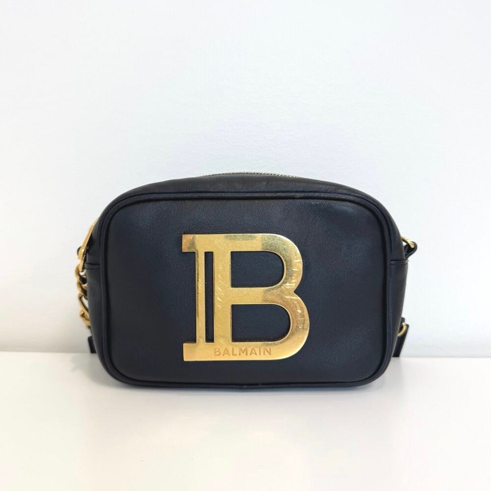BALMAIN Black Gold Leather Logo Crossbody Camera Bag Small B Shoulder Bag